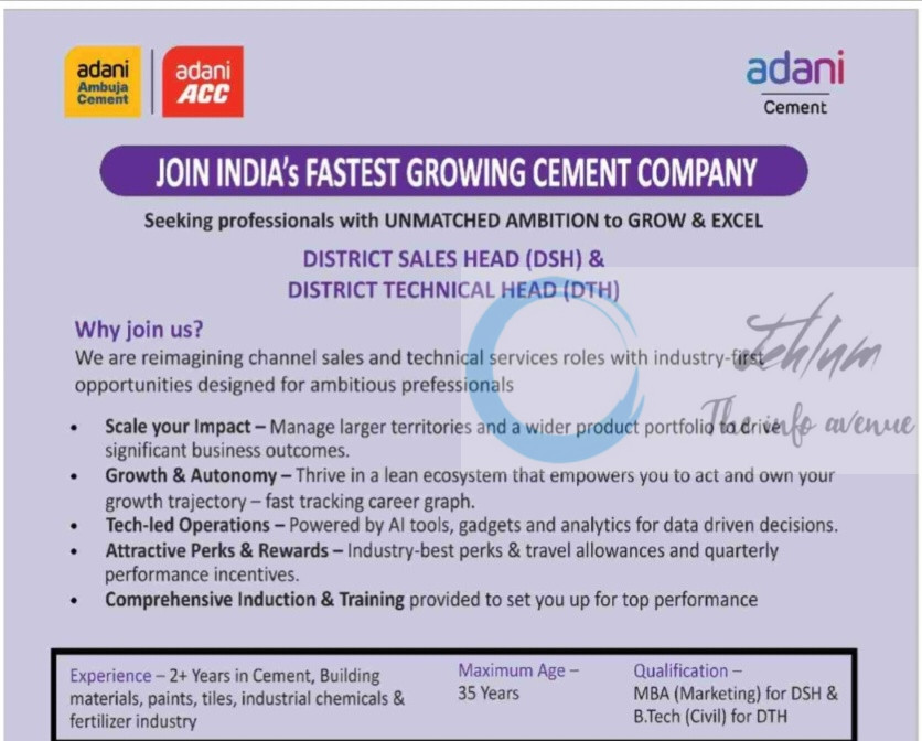Adani Ambuja ACC Jammu and Kashmir District Sales Head/ District Technical Head Jobs Opportunities 2026