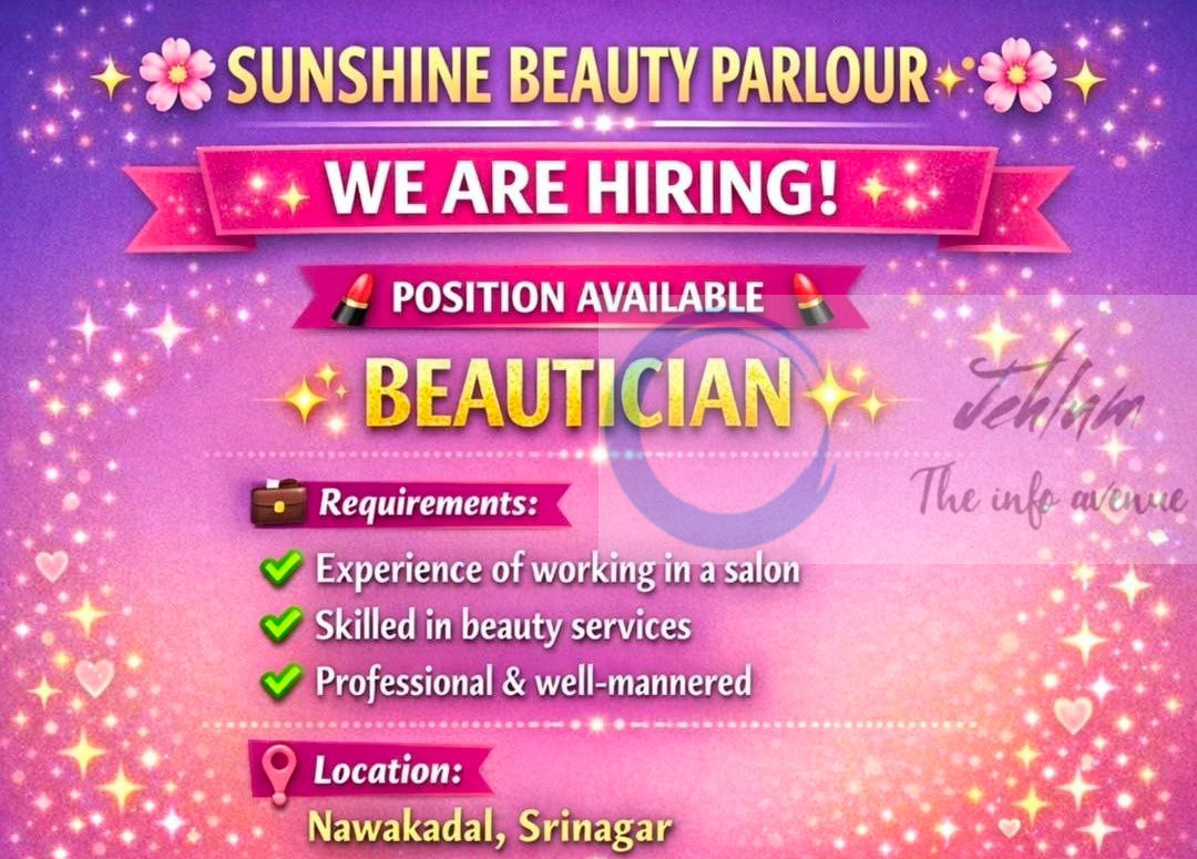 Sunshine Beauty Parlour SBP Srinagar Beautician job opportunities 2026