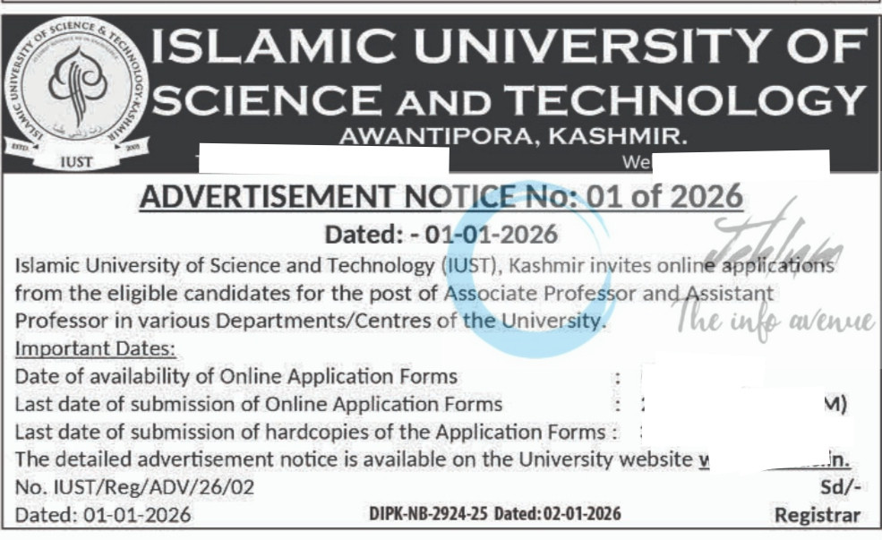ISLAMIC UNIVERSITY OF SCIENCE AND TECHNOLOGY IUST PULWAMA ASSISTANT PROFESSOR AND ASSOCIATE PROFESSOR EMPLOYMENT OPPORTUNITIES NOTICE 01 of 2026