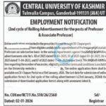Central University of Kashmir cuk Ganderbal Professor and Associate Professor employment opportunities 2026