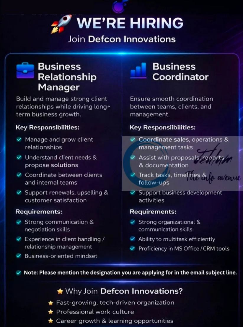 Defcon Innovations DI Srinagar Business Relationship Manager and Business Coordinator Recruitment job opportunities 2026