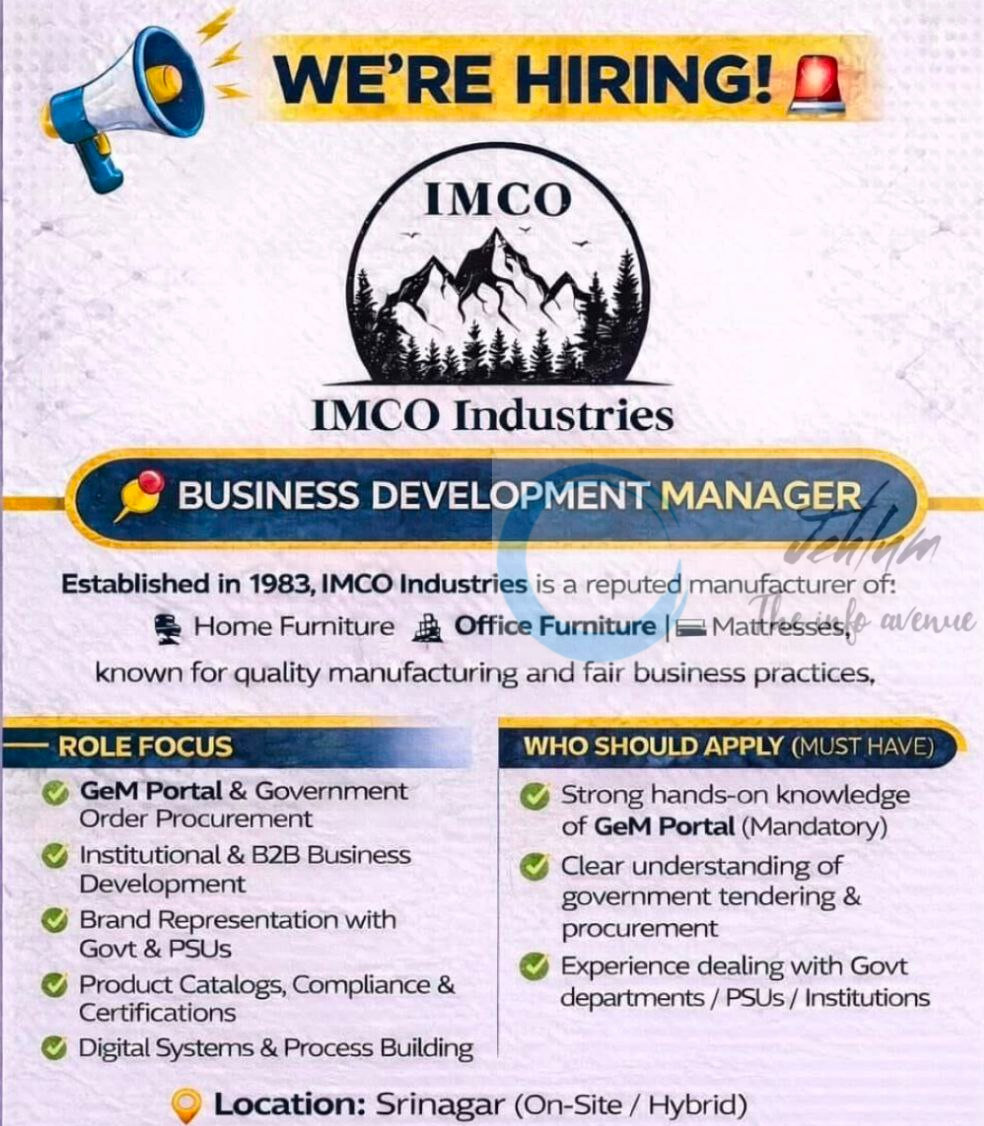 IMCO INDUSTRIES srinagar Business Development manager job opportunities 2026