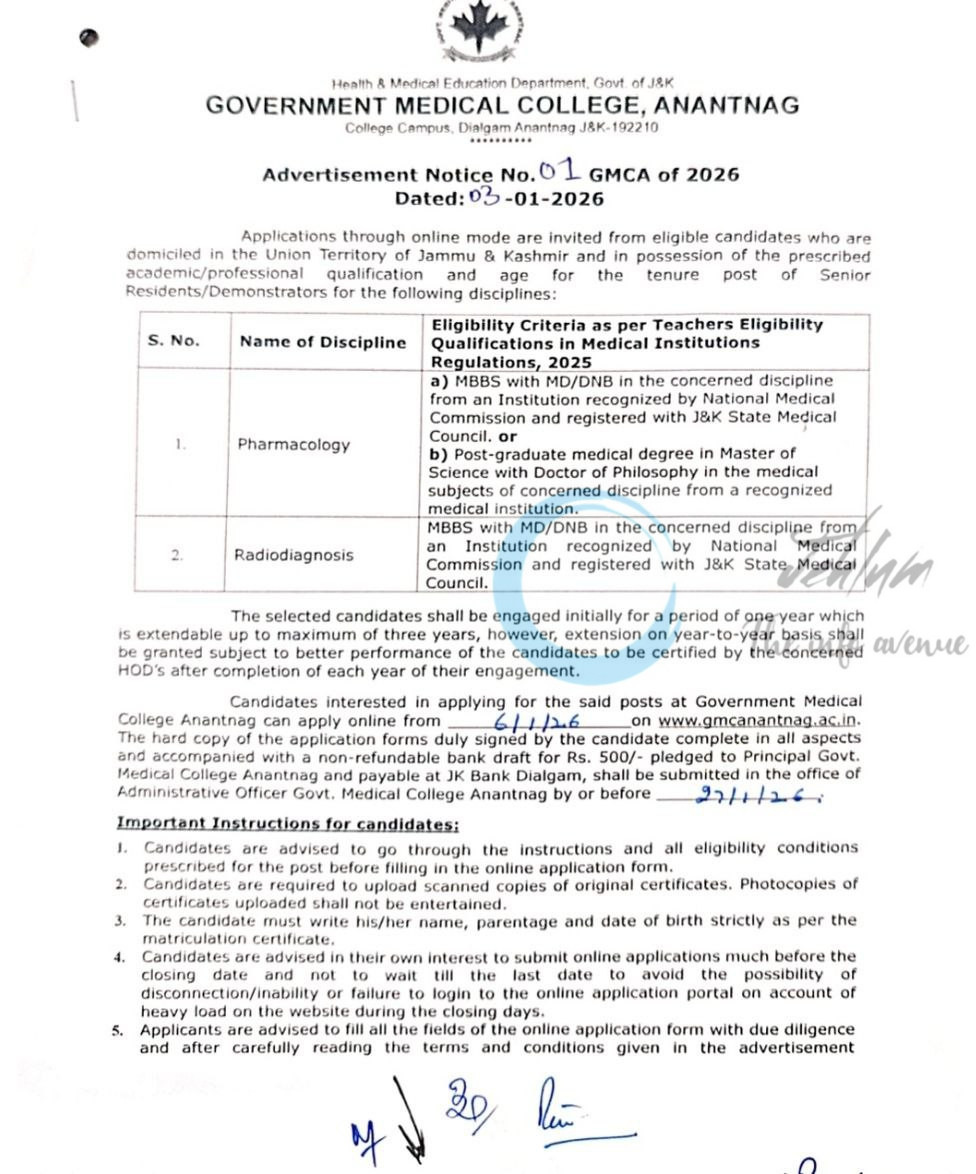 Govt medical college GMC Anantnag employment opportunities notice 01 GMCA of 2026
