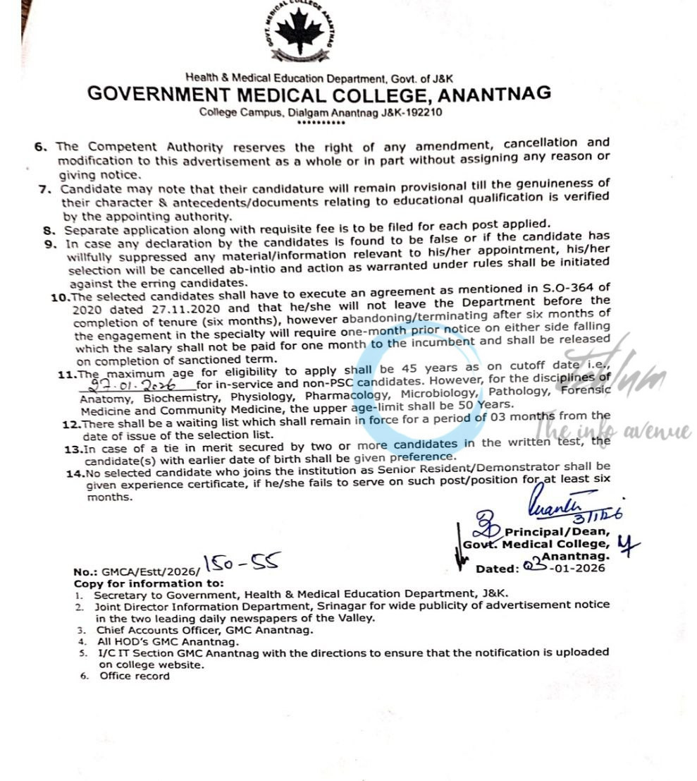 Govt medical college GMC Anantnag employment opportunities notice 01 GMCA of 2026