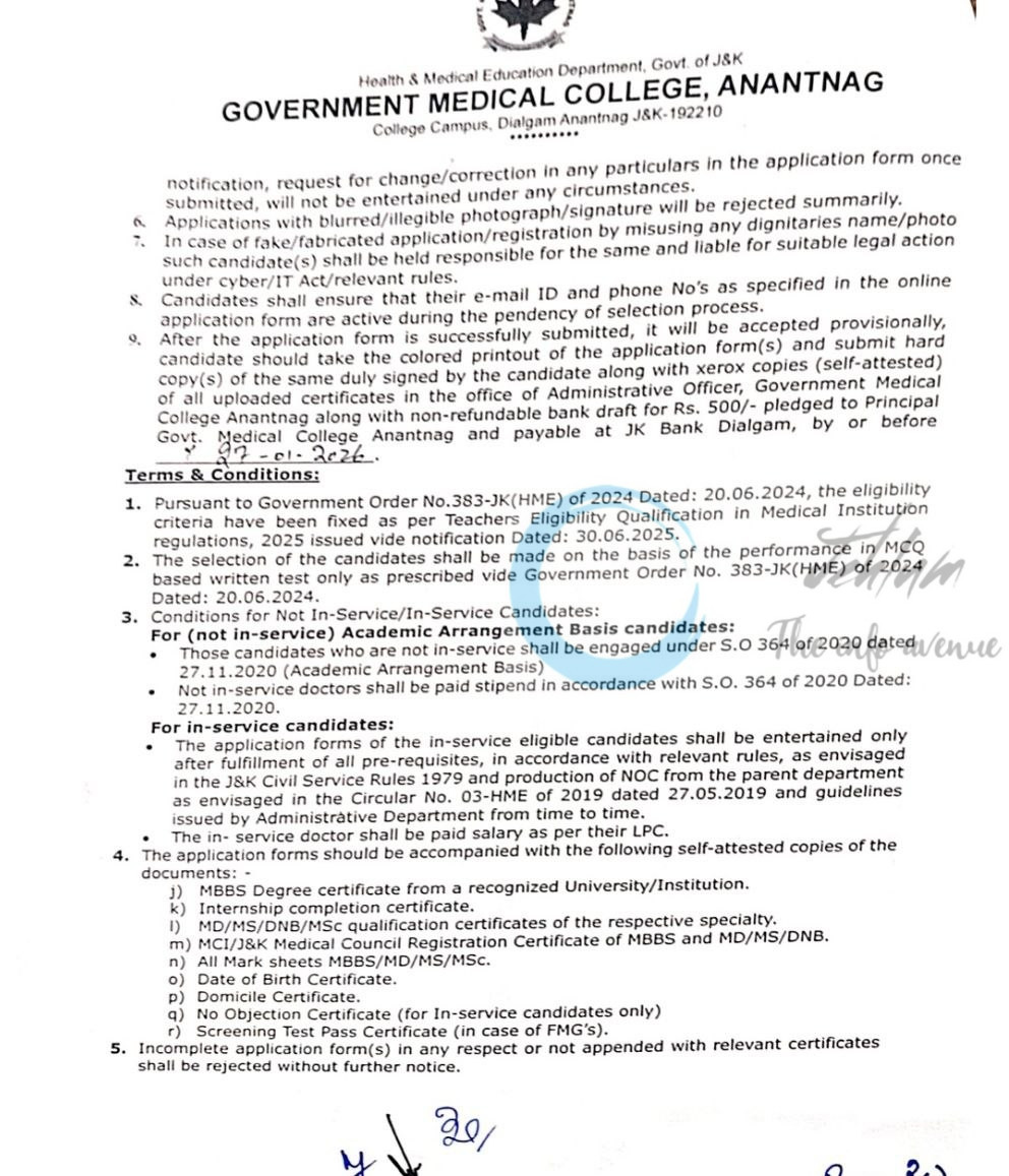 Govt medical college GMC Anantnag employment opportunities notice 01 GMCA of 2026