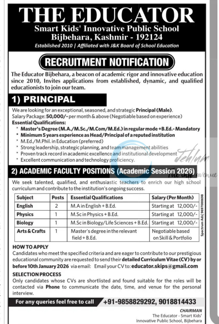 The Educator SKIPS Bijbehara Principal and Academic Faculty job Opportunities 2026