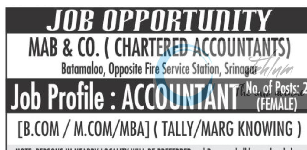 MAB and Co srinagar Accountant job opportunities 2026
