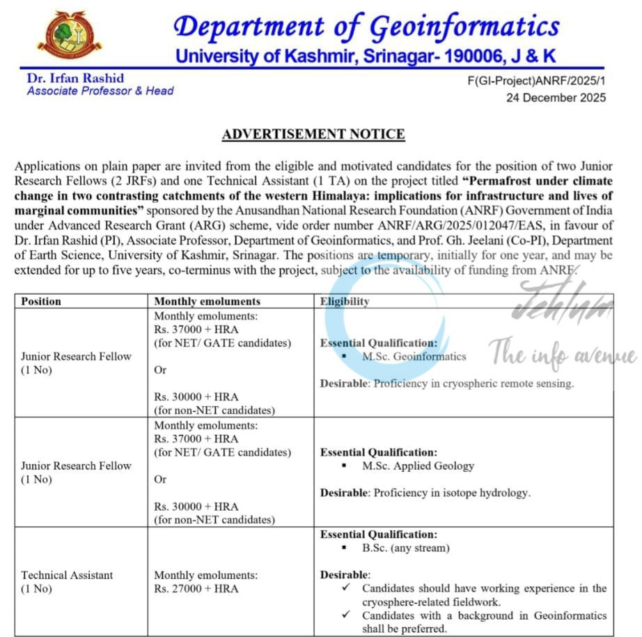 Kashmir University KU DEPTT of Geoinformatics JRF/Technical Assistant job opportunities notice F/GI-Project/ANRF/2025/1