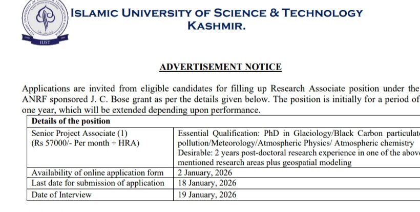 Islamic University of Science and Technology IUST SPA JOB OPPORTUNITIES 2026