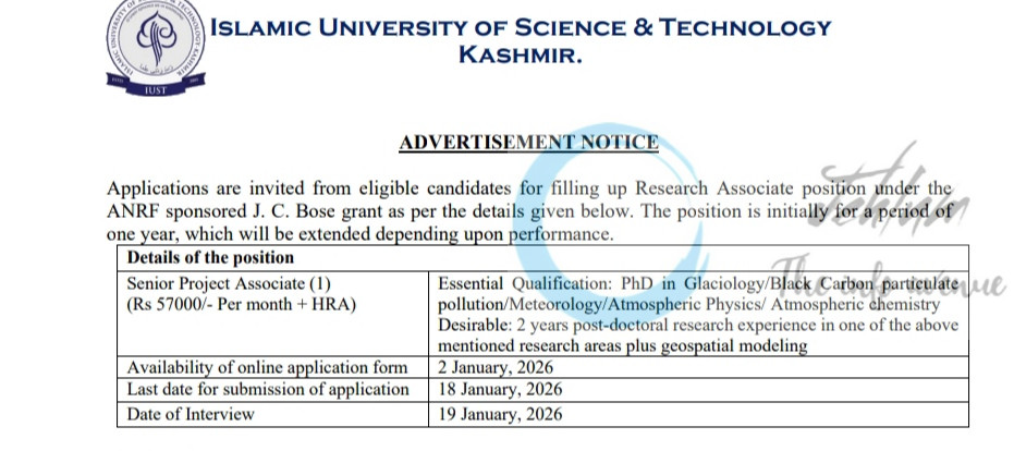 Islamic University of Science and Technology IUST SPA JOB OPPORTUNITIES 2026