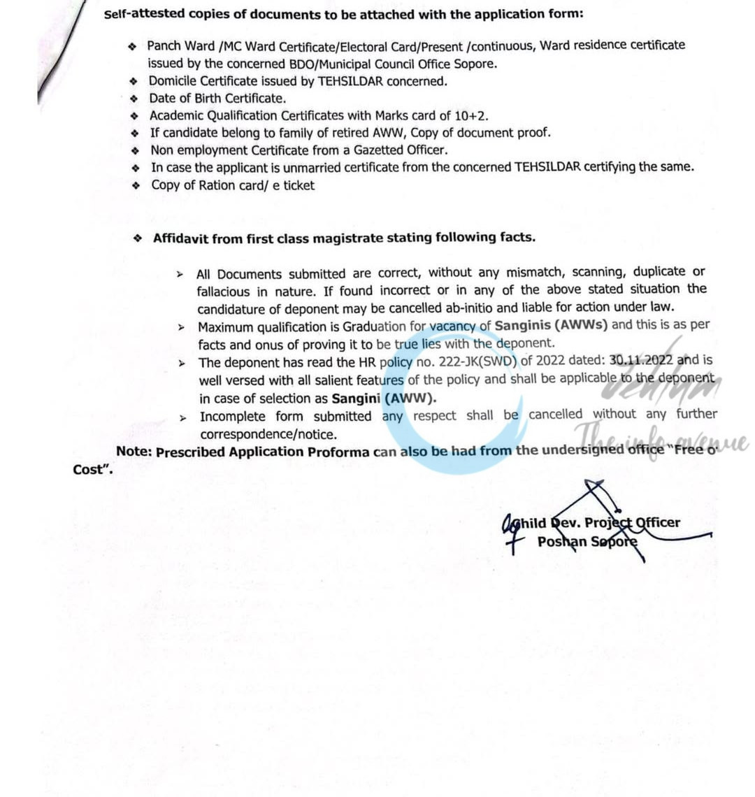 ICDS POSHAN Project Sopore CDPO Baramulla Sanginis and Sahayikas employment opportunities 2026