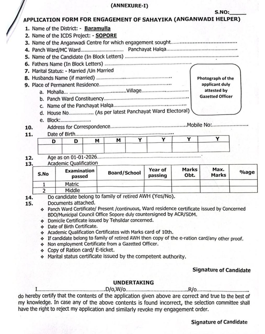 ICDS POSHAN Project Sopore CDPO Baramulla Sanginis and Sahayikas employment opportunities 2026