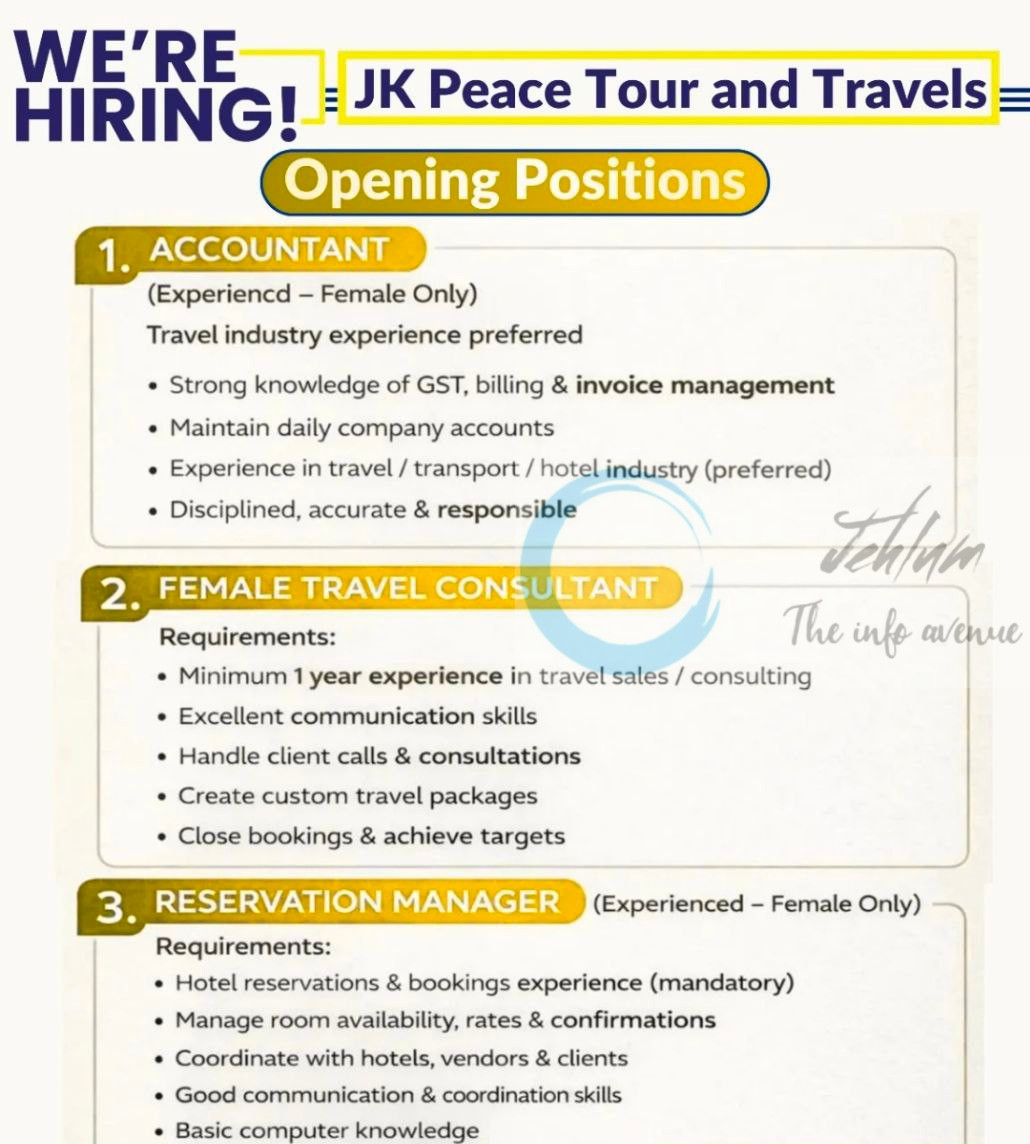JK Peace Tour and Travels Srinagar staff job opportunities 2026 2 JK Peace Tour and Travels Srinagar staff job opportunities 2026