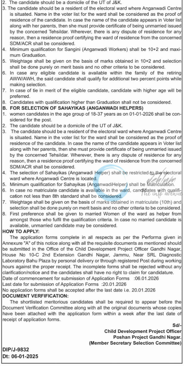 Government of Jammu and Kashmir CDPO Jammu Sanginis and Sahayikas job opportunities notice 39 of 2026