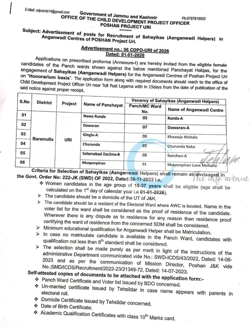 POSHAN Project CDPO URI Baramulla Sahayikas job opportunities notice 06 CDPO-URI of 2026 1 POSHAN Project CDPO URI Baramulla Sahayikas job opportunities notice 06 CDPO-URI of 2026