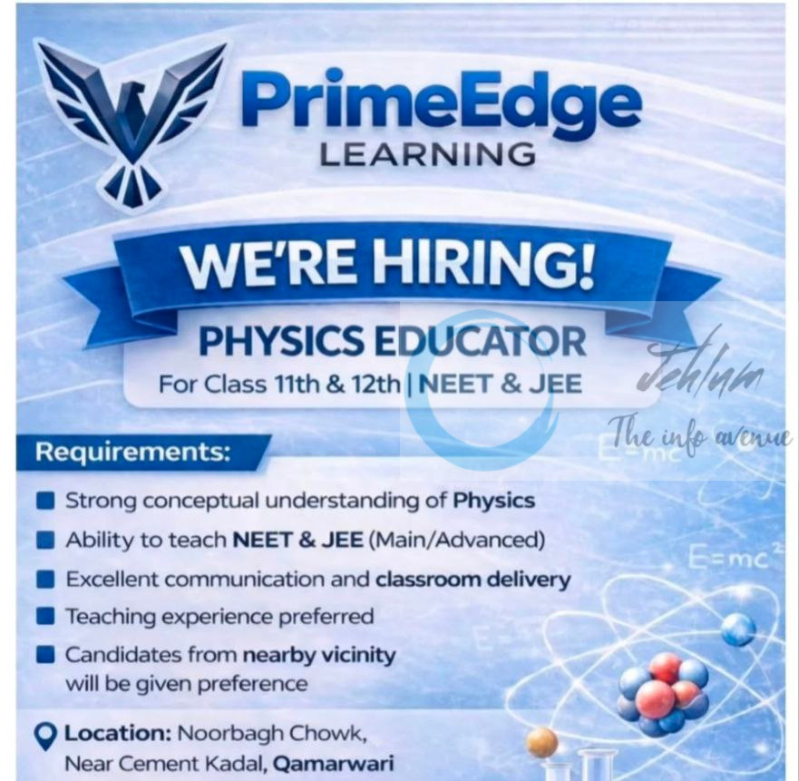 Prime Edge Learning PEL Srinagar Physics Educator job opportunities 2026