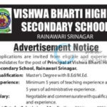 Vishwa Bharti Higher Secondary School VBHSS Rainawari Srinagar Principal employment opportunities 2026