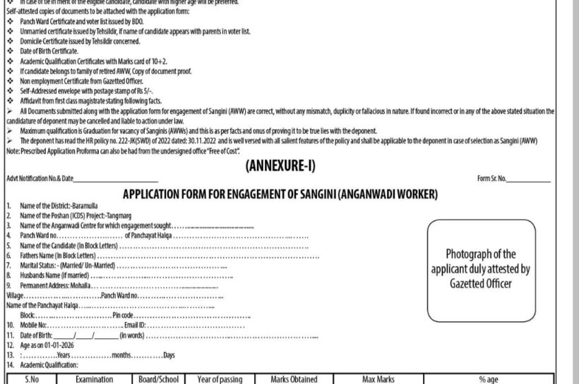 JK Social Welfare Department CDPO POSHAN Project Tangmarg Baramulla Sangini job opportunities 2026