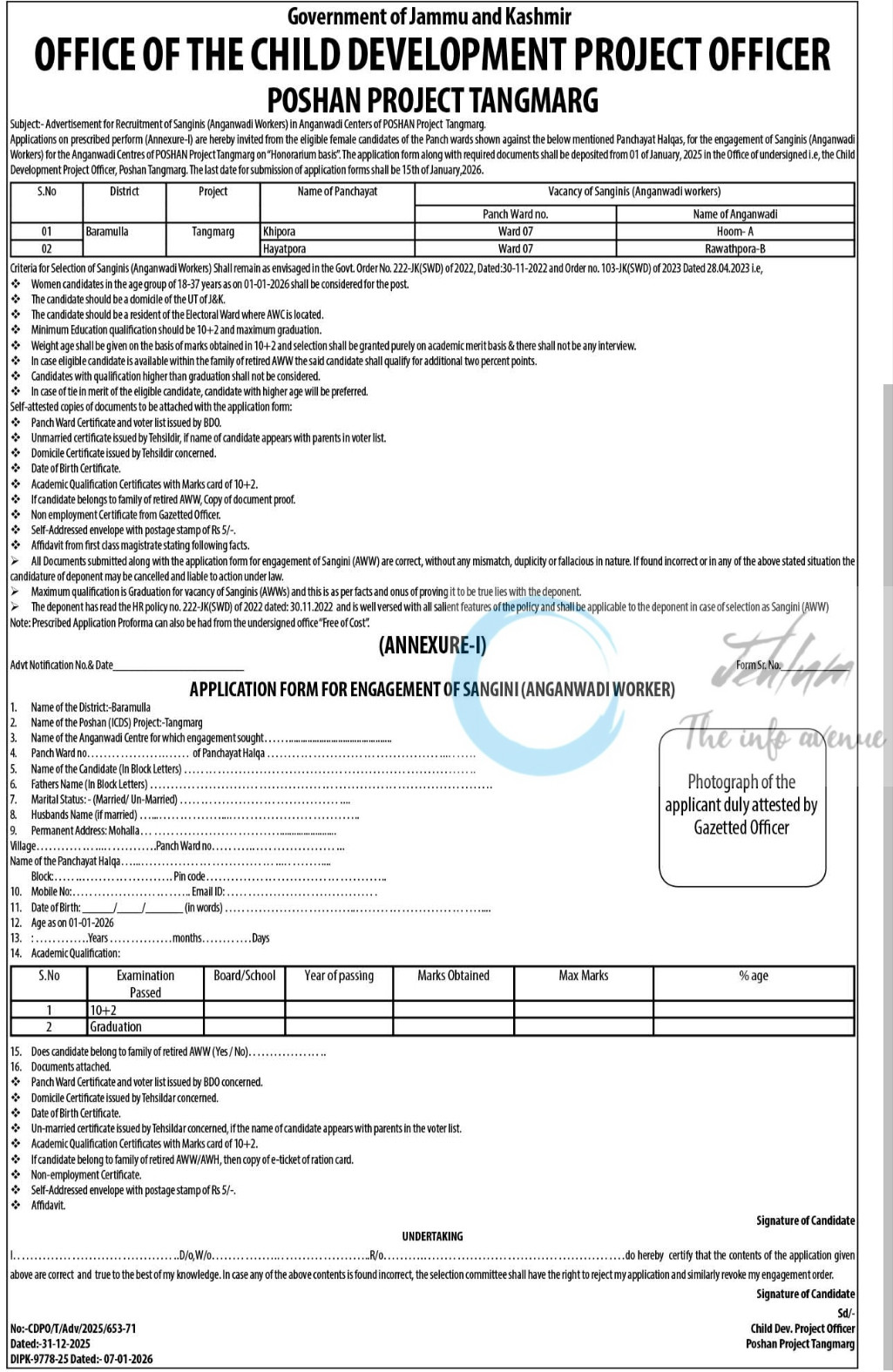 JK Social Welfare Department CDPO POSHAN Project Tangmarg Baramulla Sangini job opportunities 2026
