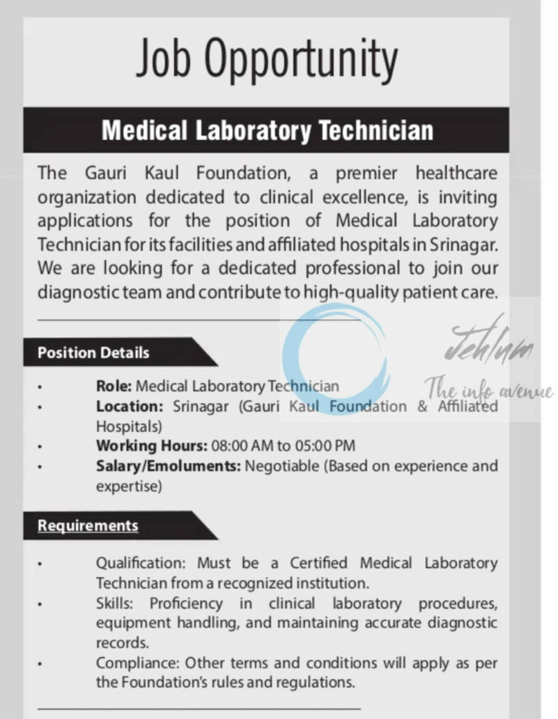 Gauri Kaul Foundation GKF Srinagar Medical Laboratory Technician JOB OPPORTUNITIES 2026