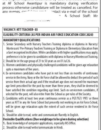 Air Force School Awantipur AFS STAFF JOB OPPORTUNITIES 2026
