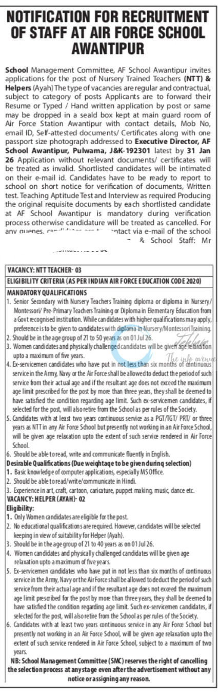 Air Force School Awantipur AFS STAFF JOB OPPORTUNITIES 2026