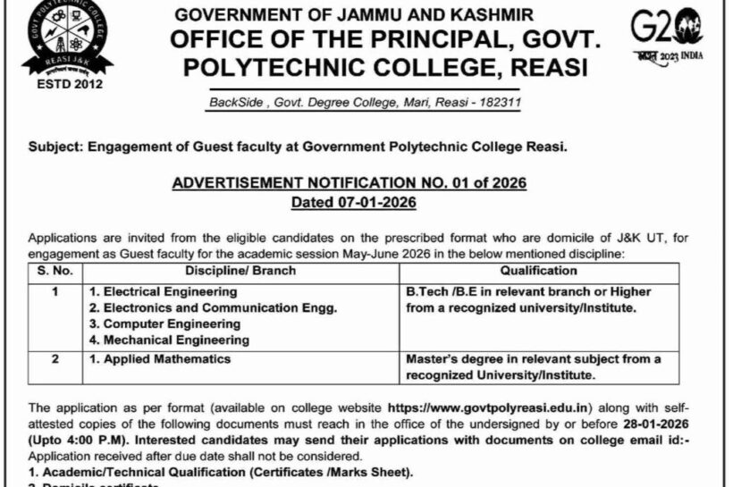 Govt Polytechnic College Gpc Reasi Guest Faculty Engineering and Mathematics job opportunities notice 01 of 2026