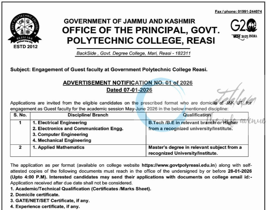 Govt Polytechnic College Gpc Reasi Guest Faculty Engineering and Mathematics job opportunities notice 01 of 2026