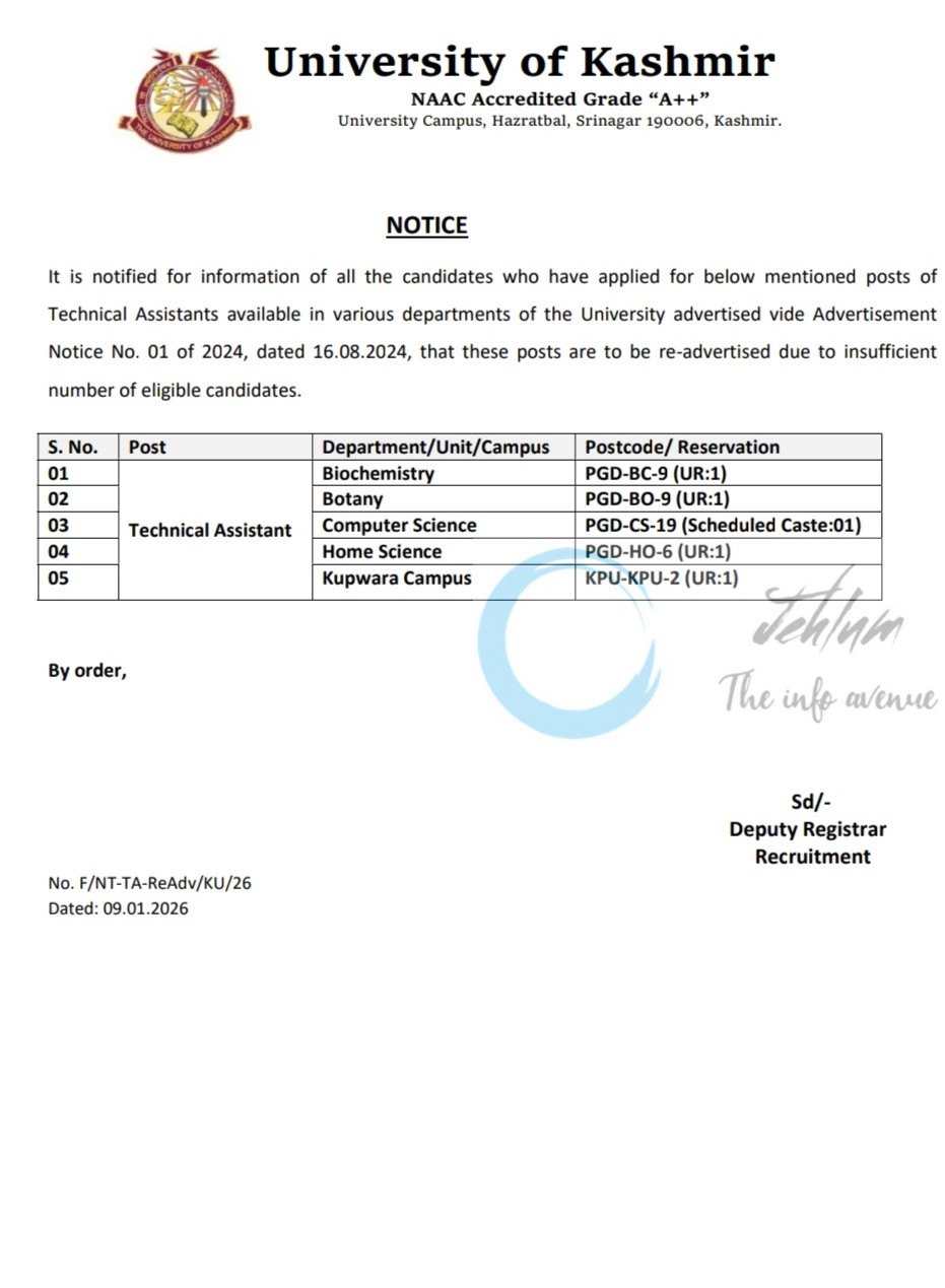 Kashmir University KU employment opportunities notice F/NT-TA-ReAdv/KU/26