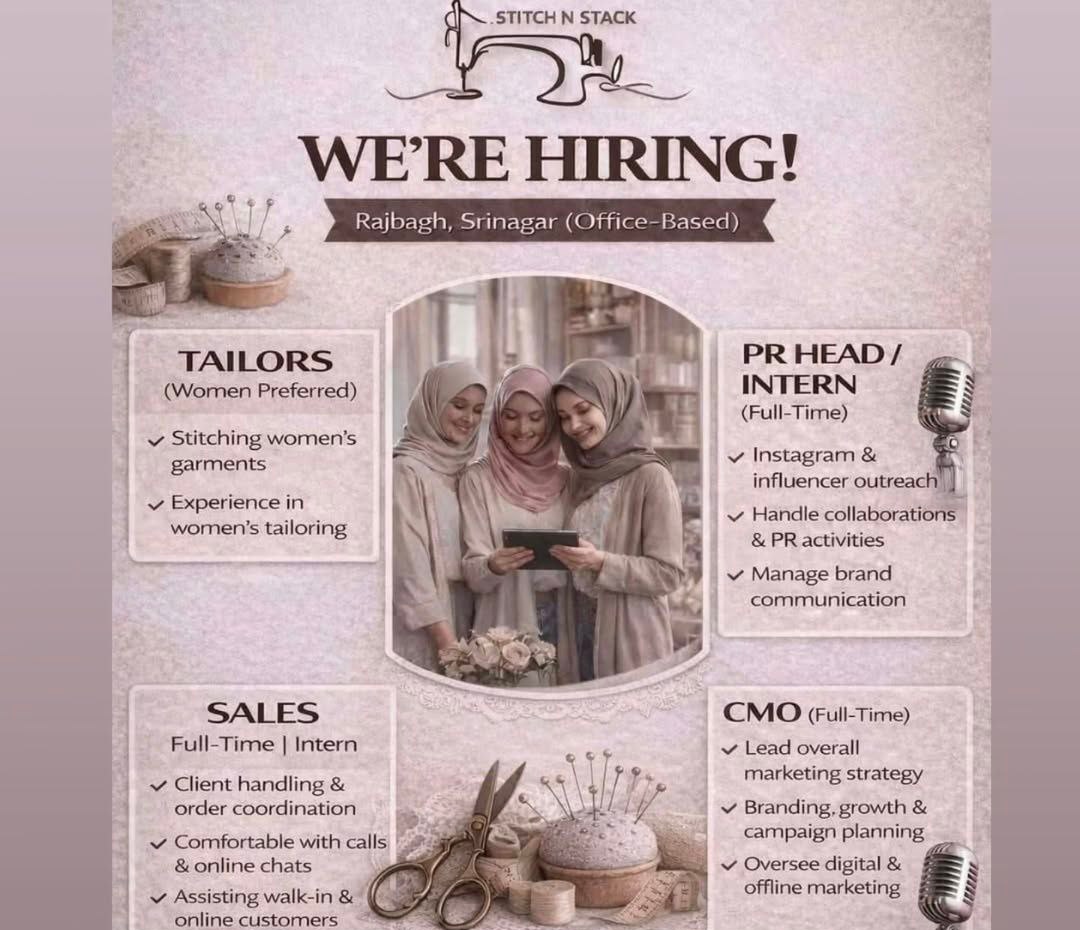 Stitch N Stack SNS Srinagar staff job opportunities 2026