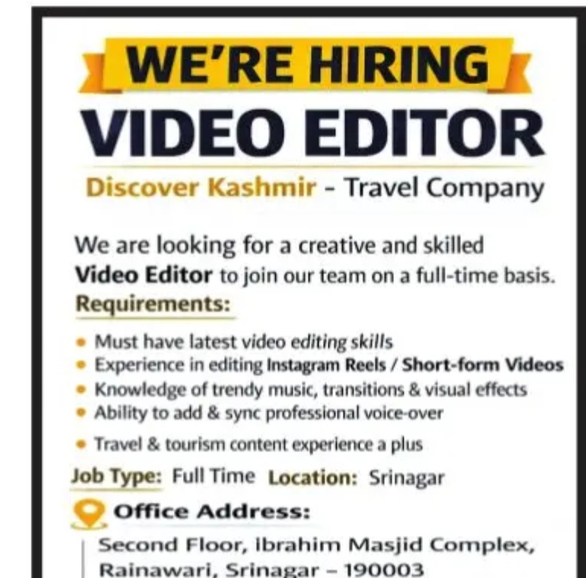 Discover Kashmir Srinagar Video Editor job opportunities 2026