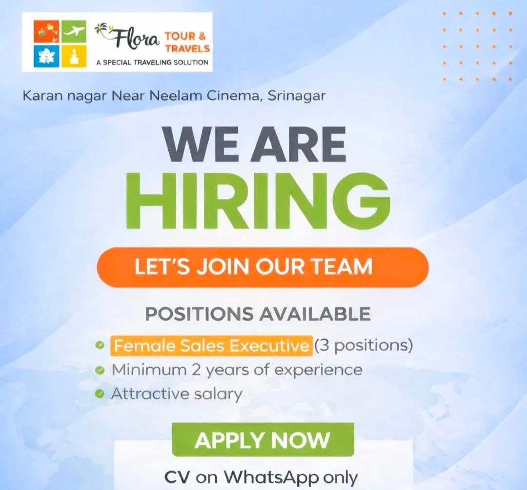Flora Tour and Travels Srinagar Sales Executive Job opportunities 2026