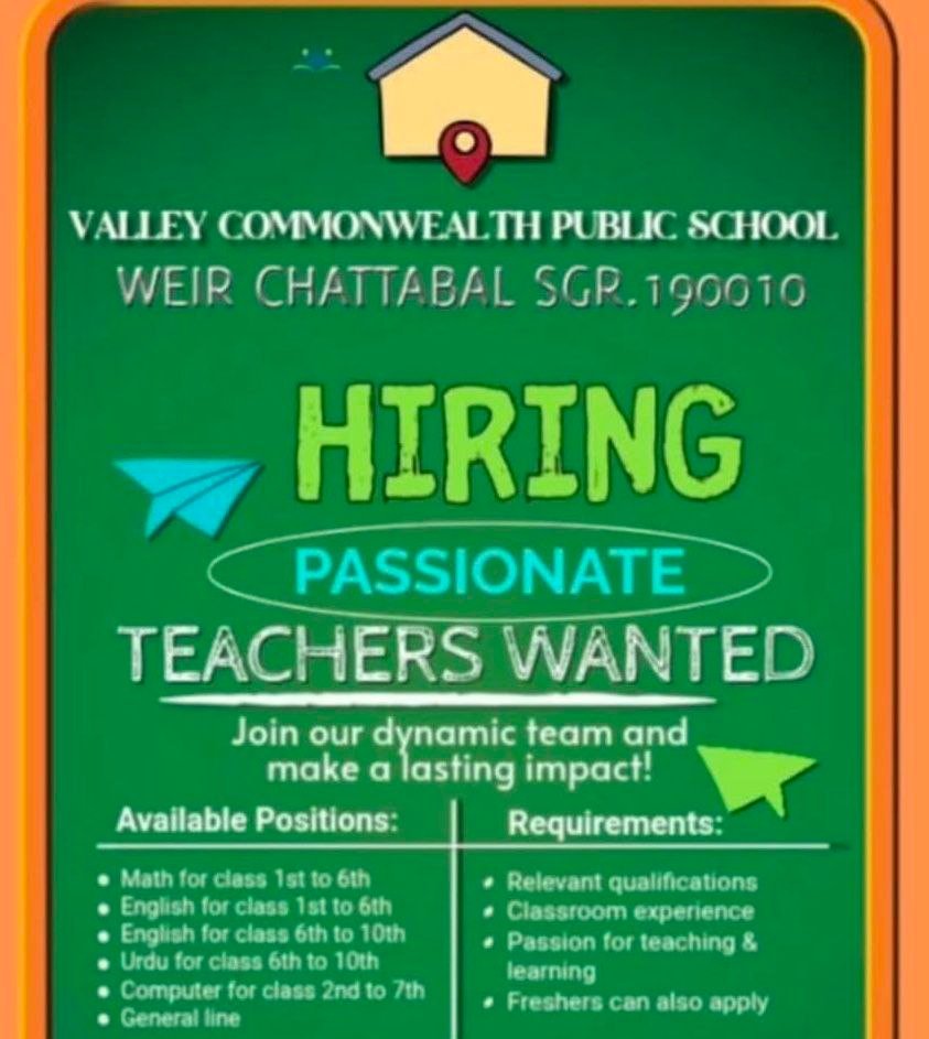 Valley Commonwealth Public School VCPS Srinagar teaching job opportunities 2026