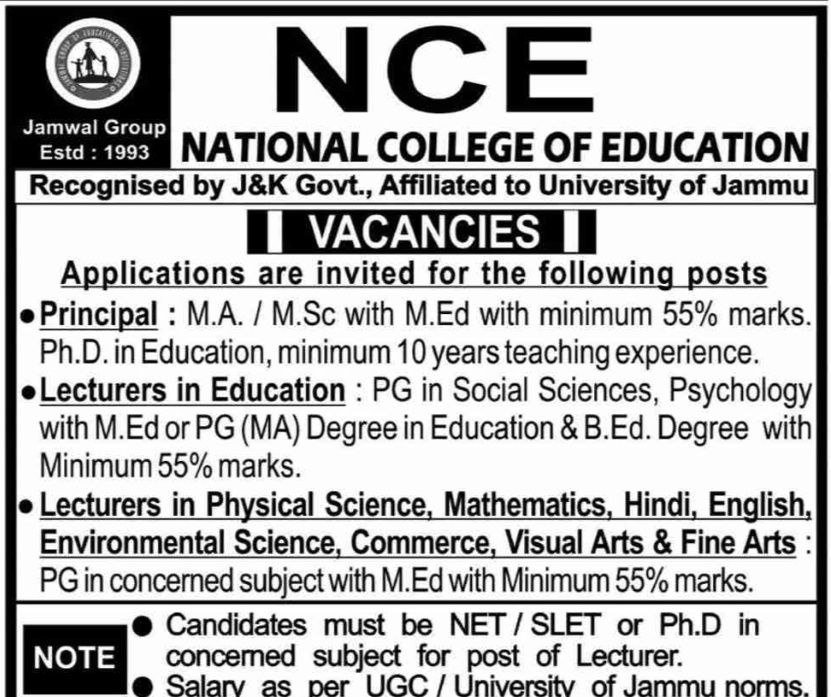 National College of Education NCE Jammu Principal and Lecturer job opportunities 2026 1 National College of Education NCE Jammu Principal and Lecturer job opportunities 2026