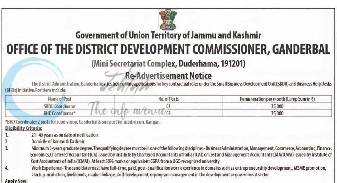 District Development Commissioner Ganderbal DDC SBDU BHD Coordinator Recruitment Notification ADDC/GBL/Mission-YUVA/2025-26/3158-62 1 District Development Commissioner Ganderbal DDC SBDU BHD Coordinator Recruitment Notification ADDC/GBL/Mission-YUVA/2025-26/3158-62