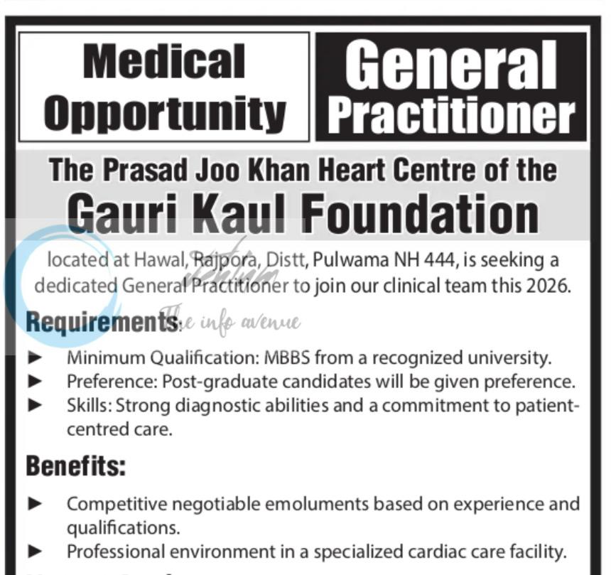 PRASAD JOO KHAN HEART CENTRE PULWAMA GENERAL PRACTITIONER job opportunities 2026