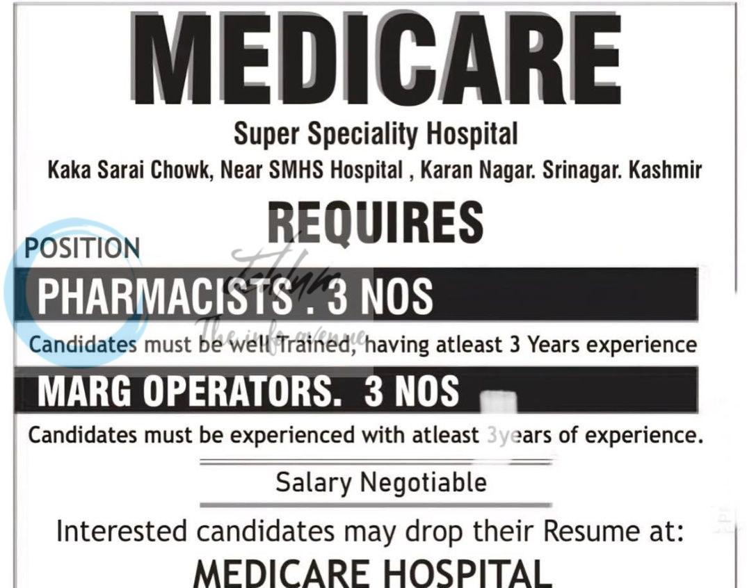 Medicare Hospital Srinagar PHARMACISTS/MARG OPERATORS job opportunities 2026