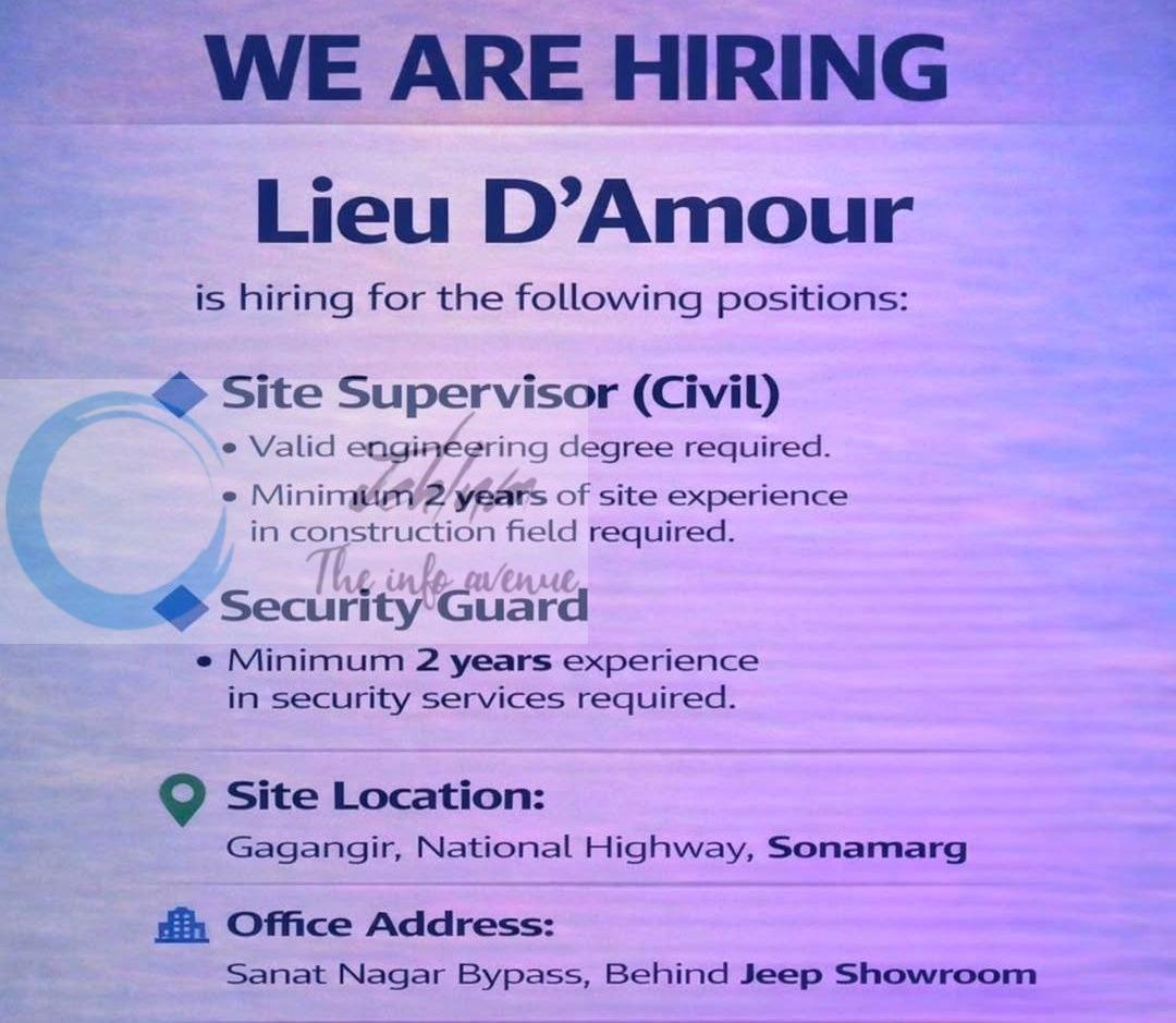 Lieu D Amour srinagar Site Supervisor/Security Guard job opportunities 2026