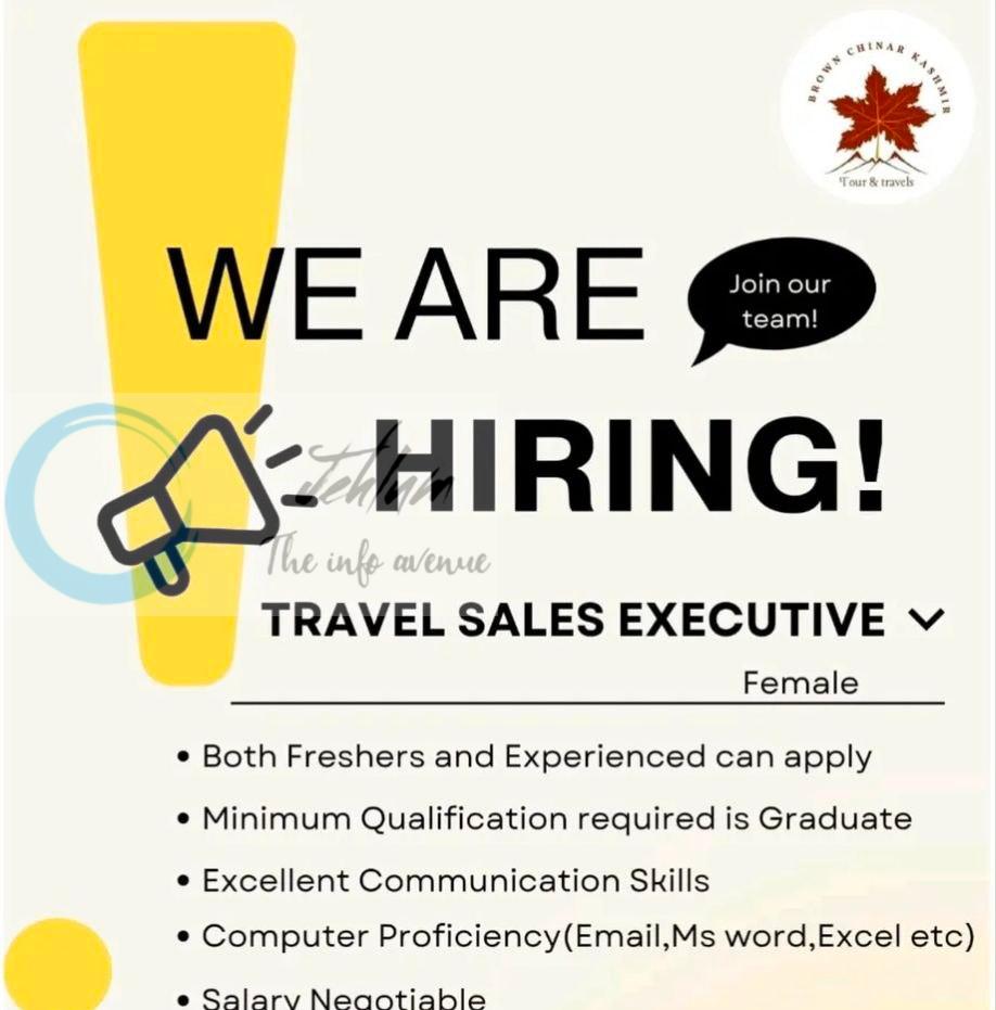 Brown Chinar Kashmir srinagar travel sales executive job opportunities 2026