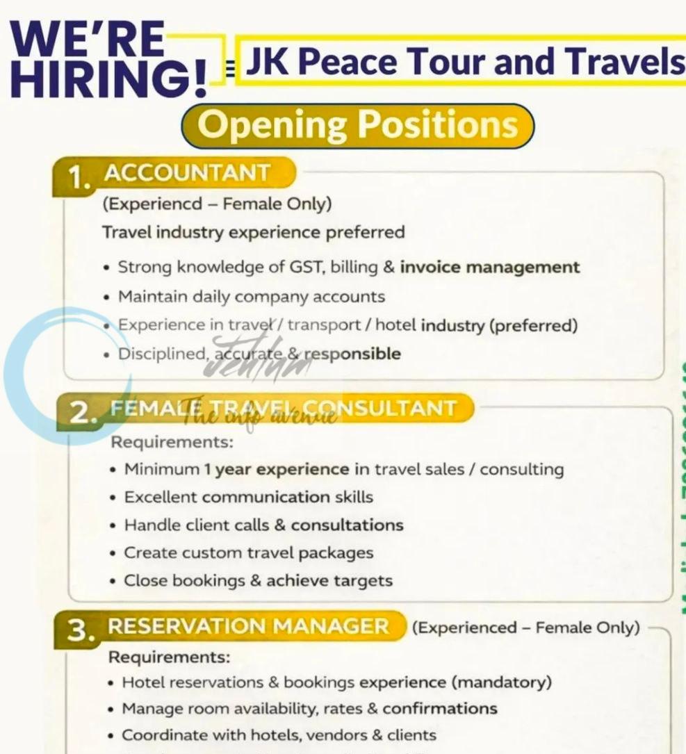 JK Peace Tour and Travels srinagar Accountant/Travel Consultant/Reservation Manager job opportunities 2026