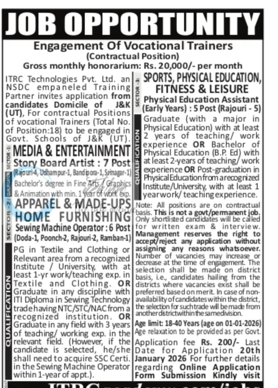 ITRC Technologies Pvt Ltd Jammu and Kashmir Vocational Trainers job opportunities 2026