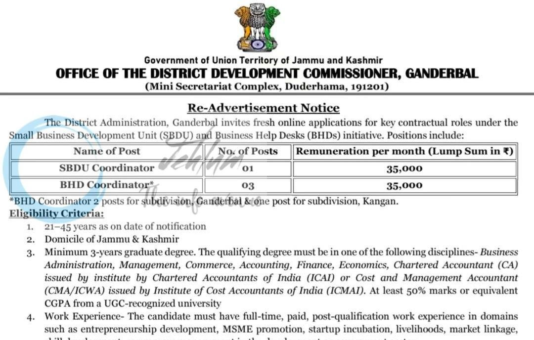 Mission YUVA District Ganderbal SBDU Coordinator/BHD Coordinator job opportunities 2026