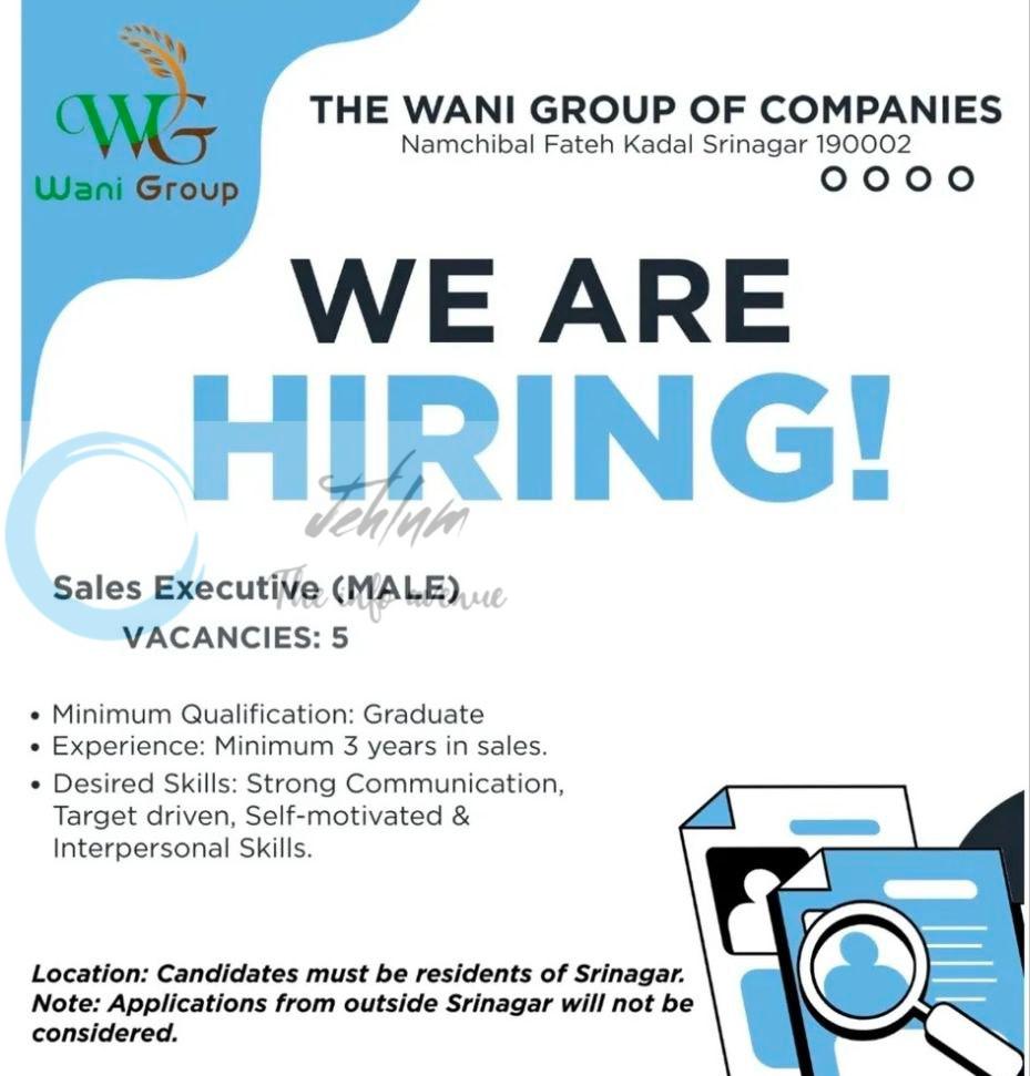 Wani Group of Companies WG Srinagar sales executive job opportunities 2026