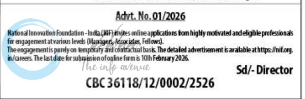National Innovation Foundation india Deptt of Science and Technology Managers/Associates/Fellows employment opportunities notice 01/2026