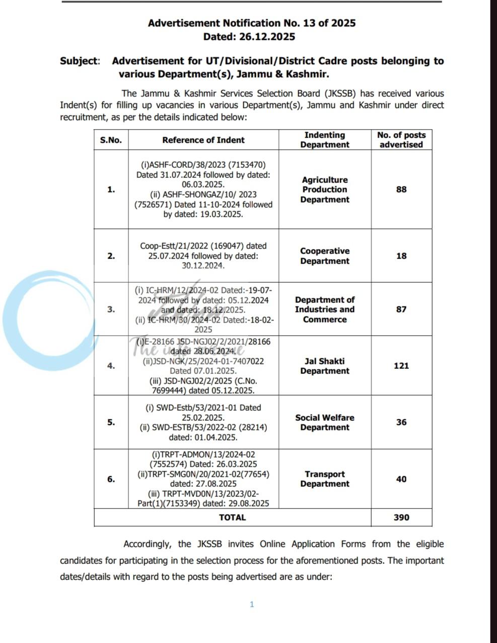 Based on the Jammu and Kashmir Services Selection Board (JKSSB) Advertisement Notification No. 13 of 2025, here is a structured recruitment banner designed for quick reading and reference. 📢 JKSSB RECRUITMENT 2026 📢 Government of Jammu and Kashmir Notification No: 13 of 2025 (Dated: 26.12.2025) 📅 Important Dates * Application Start Date: January 27, 2026 * Application Last Date: February 25, 2026 * Domicile Requirement: Must be a Domicile of J&K UT as of 25.02.2026 🏢 Total Vacancies: 390 Posts | Department | Vacancies | |---|---| | Jal Shakti Department | 121 Posts | | Agriculture Production Department | 88 Posts | | Industries and Commerce Department | 87 Posts | | Transport Department | 40 Posts | | Social Welfare Department | 36 Posts | | Cooperative Department | 18 Posts | 📝 Application Fees * General/Open Merit (OM): ₹600 * SC, ST-1, ST-2, EWS, & PwBD: ₹500 * Payment Mode: Online (Net Banking/Credit/Debit Cards) ⚖️ Age Limit (as of 01.01.2025) * Open Merit (OM): 40 Years * SC / ST-1 / ST-2 / RBA / EWS / OBC: 43 Years * Physically Challenged (PwBD): 42 Years * Ex-Servicemen: 48 Years 📖 Selection Process * Scheme: Objective Type, Multiple Choice Questions (English Only) * Negative Marking: 0.25 marks for each wrong answer * Selection Basis: Merit obtained in written/OMR examination 🔗 How to Apply Official Website: www.jkssb.nic.in Note: Ensure all details match your Matriculation Certificate to avoid cancellation.