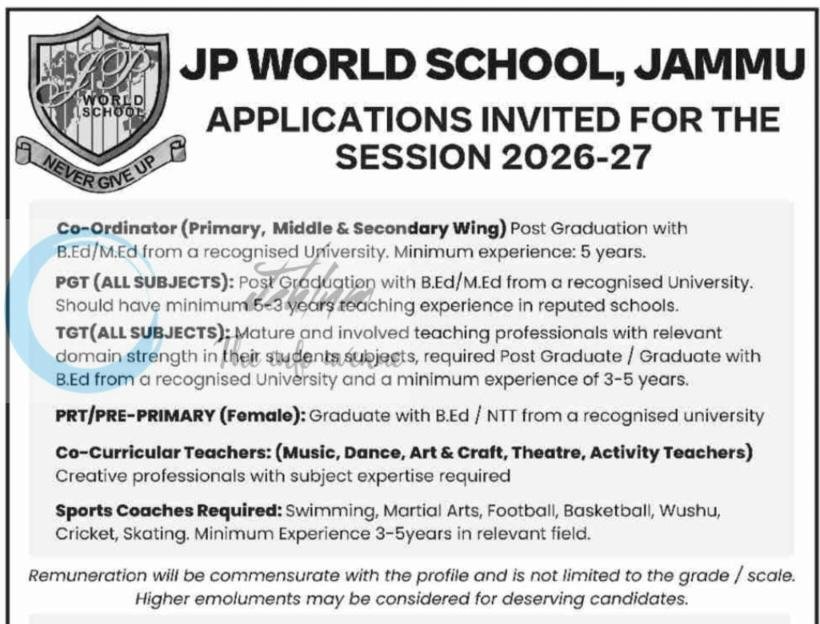 JP World School Jammu JPWS Hiring Co-Ordinator PGT TGT Posts Jobs Opportunity 2026