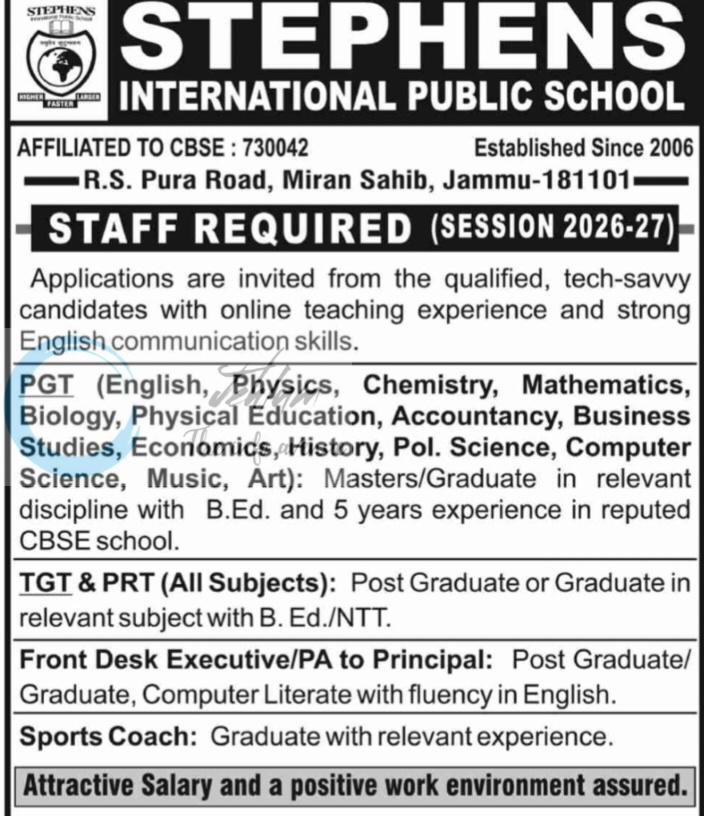 Stephens International Public School SIPS Jammu PGT TGT PRT Jobs Vacancies Opportunity 2026 1 Stephens International Public School SIPS Jammu PGT TGT PRT Jobs Vacancies Opportunity 2026
