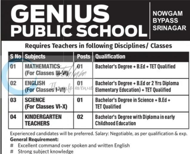Genius Public School Srinagar teaching job opportunities 2026