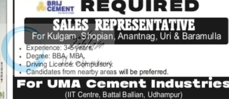 UMA BRIJ CEMENT SRINAGAR SALES REPRESENTATIVE JOB OPPORTUNITIES 2026