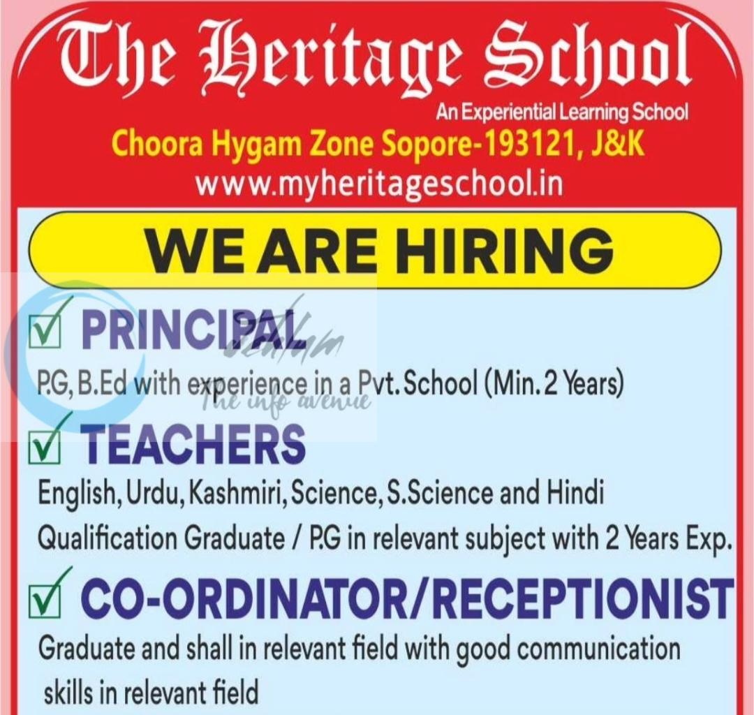 The Heritage School THS Sopore Principal/ Teachers/ Co-ordinator Jobs Opportunities 2026